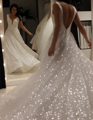 A-Line V-Neck Sparkly Sequin Backless Prom Wedding Dress