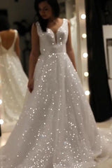 A-Line V-Neck Sparkly Sequin Backless Prom Wedding Dress