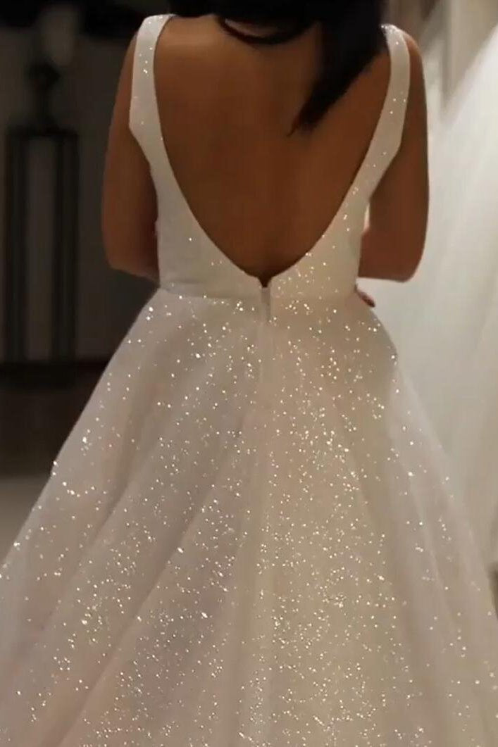 A-Line V-Neck Sparkly Sequin Backless Prom Wedding Dress