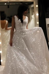 A-Line V-Neck Sparkly Sequin Backless Prom Wedding Dress
