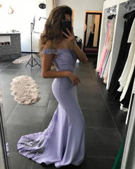 Lavender Off-The-Shoulder Lace Satin Mermaid Prom Dresses