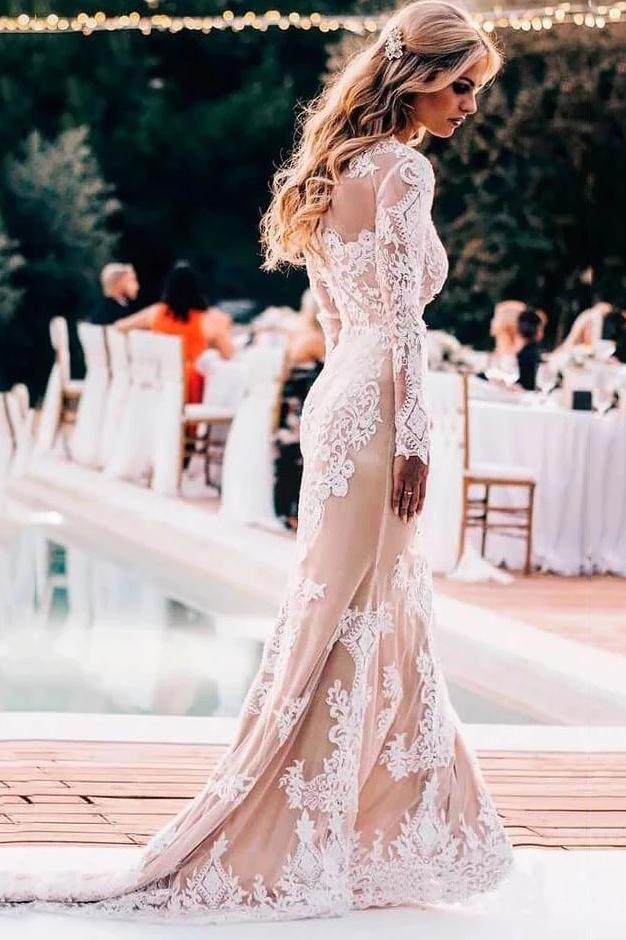 Modest Long Sleeve Mermaid Lace Wedding Dresses, Rustic Wedding Gowns