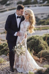 Modest Long Sleeve Mermaid Lace Wedding Dresses, Rustic Wedding Gowns