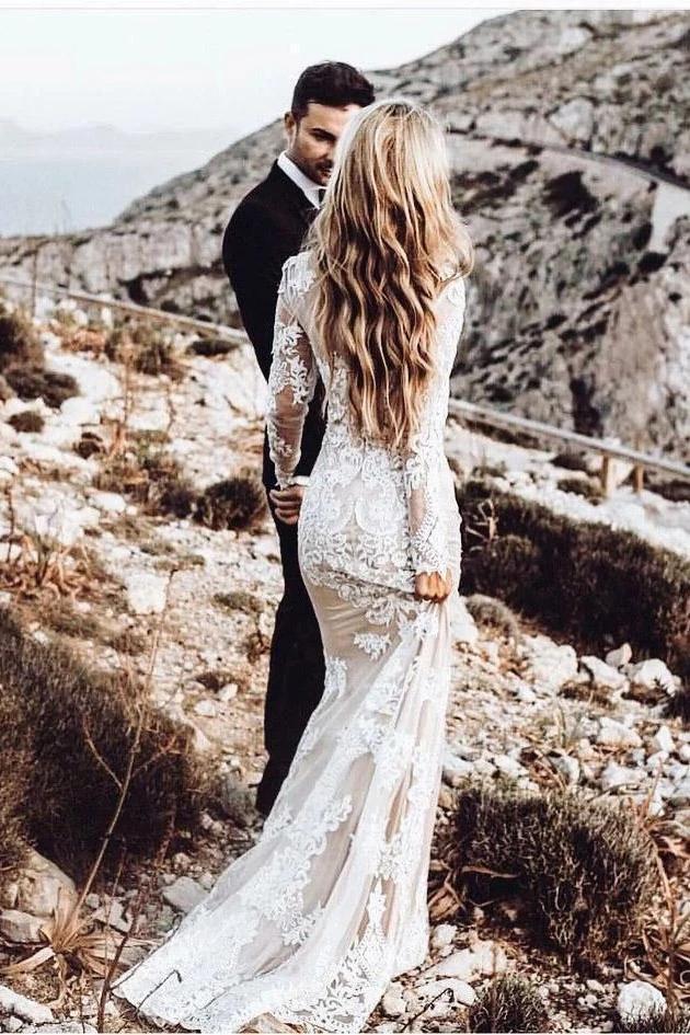 Modest Long Sleeve Mermaid Lace Wedding Dresses, Rustic Wedding Gowns