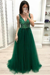 A-Line V-Neck Dark Green Long Prom Dress, Beading Formal Dress