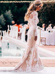 Modest Long Sleeve Mermaid Lace Wedding Dresses, Rustic Wedding Gowns