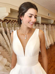 A-Line V-Neck Ivory Simple Satin Wedding Dress