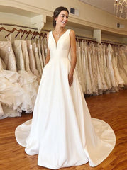 A-Line V-Neck Ivory Simple Satin Wedding Dress
