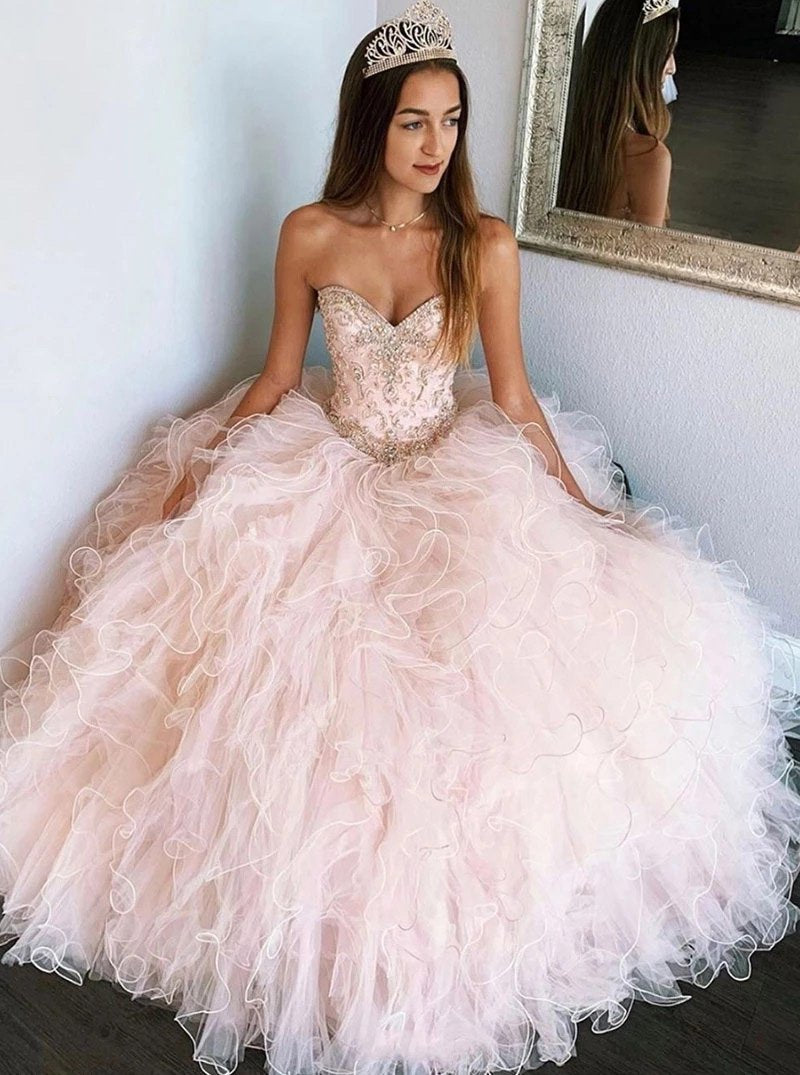 Sweetheart Ball Gown, Beads Sweet 16 Dress, Long Prom Dresses
