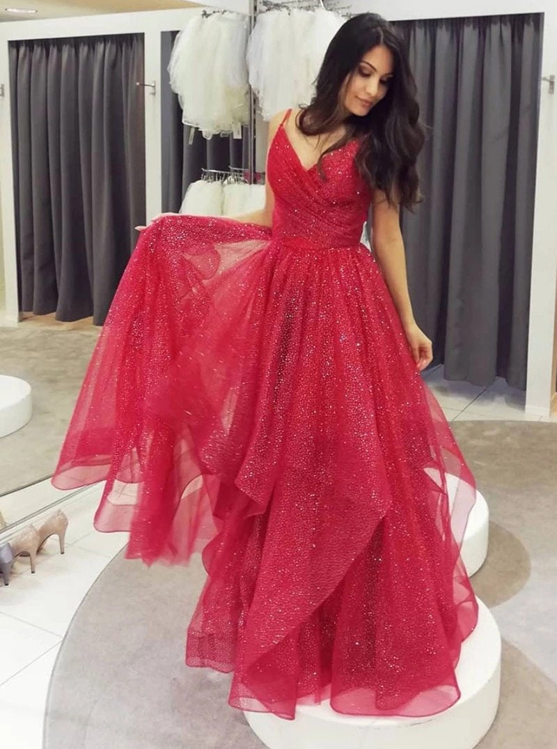 Sparkly Red V-Neck Tulle Long Prom Dresses, Formal Evening Dress