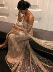 Off-Shoulder Long Prom Dresses with Sleeves, Sequins Evening Dresses