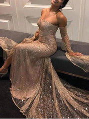 Off-Shoulder Long Prom Dresses with Sleeves, Sequins Evening Dresses