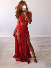 Rose Gold Sequins Long Prom Dresses, Evening Dresses with Split