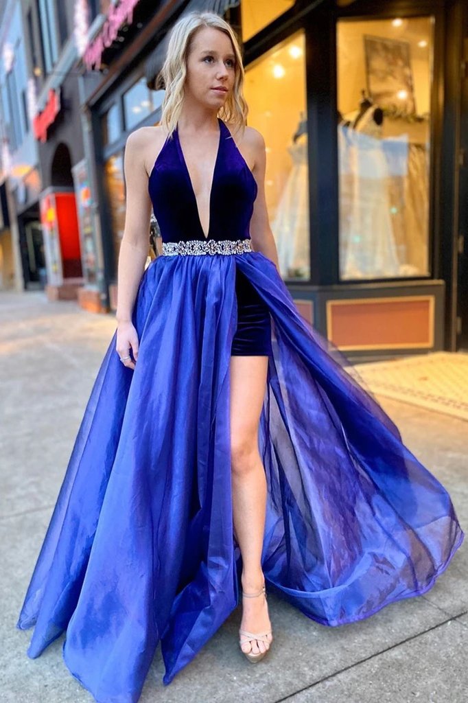 A-Line V-Neck Long Prom Dresses, Formal Evening Dresses with Split