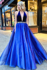 A-Line V-Neck Long Prom Dresses, Formal Evening Dresses with Split