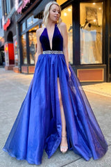 A-Line V-Neck Long Prom Dresses, Formal Evening Dresses with Split