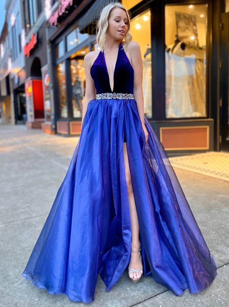 A-Line V-Neck Long Prom Dresses, Formal Evening Dresses with Split