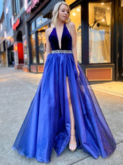 A-Line V-Neck Long Prom Dresses, Formal Evening Dresses with Split
