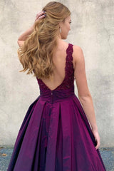 Purple V-Neck Long A-Line Prom Dresses, Satin Lace Top Formal Evening Dresses