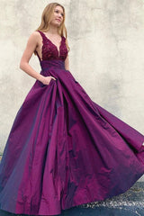 Purple V-Neck Long A-Line Prom Dresses, Satin Lace Top Formal Evening Dresses