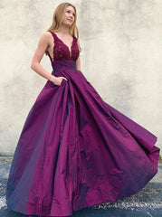 Purple V-Neck Long A-Line Prom Dresses, Satin Lace Top Formal Evening Dresses