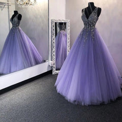 A-Line V-Neck Beaded Long Prom Dress, Backless Formal Evening Dress