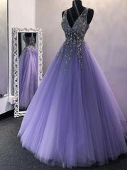 A-Line V-Neck Beaded Long Prom Dress, Backless Formal Evening Dress