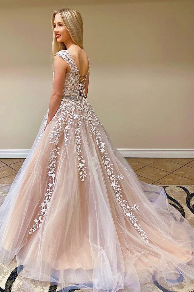 Lace Appliques Long Tulle Prom Dresses, Long Tulle Wedding Dresses
