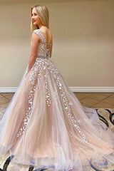 Lace Appliques Long Tulle Prom Dresses, Long Tulle Wedding Dresses