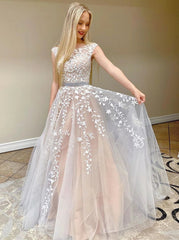 Lace Appliques Long Tulle Prom Dresses, Long Tulle Wedding Dresses