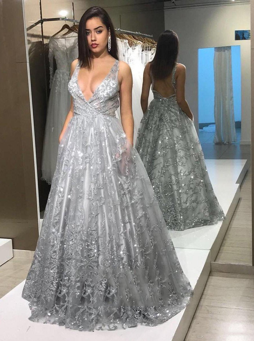 Deep V-Neck Long Sequins Prom Dresses, Backless Formal Dress with Pockets