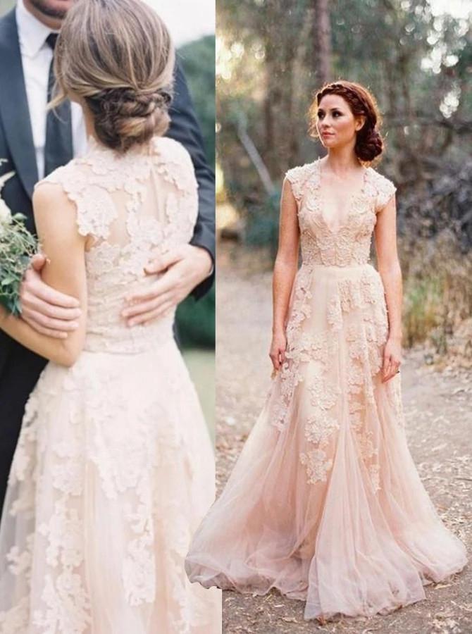 A-Line V-Neck Tulle Wedding Dress with Lace Appliques
