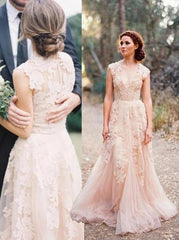 A-Line V-Neck Tulle Wedding Dress with Lace Appliques