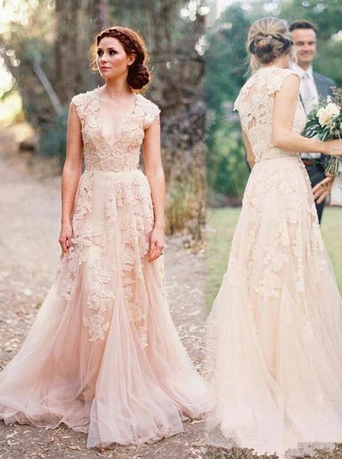A-Line V-Neck Tulle Wedding Dress with Lace Appliques
