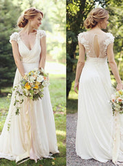 A-Line V-Neck Ivory Chiffon Beach Wedding Dress