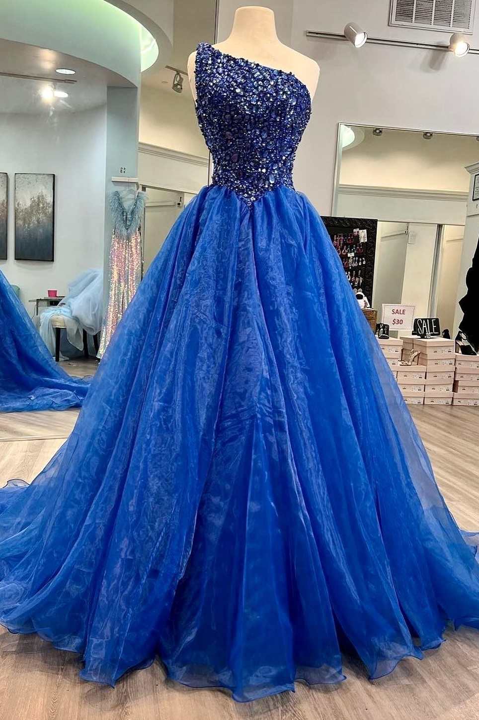 A-Line Sequin Blue Beaded One-Shoulder Long Tulle Prom Dress