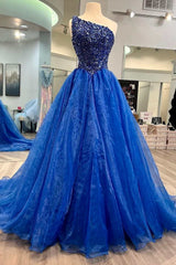 A-Line Sequin Blue Beaded One-Shoulder Long Tulle Prom Dress