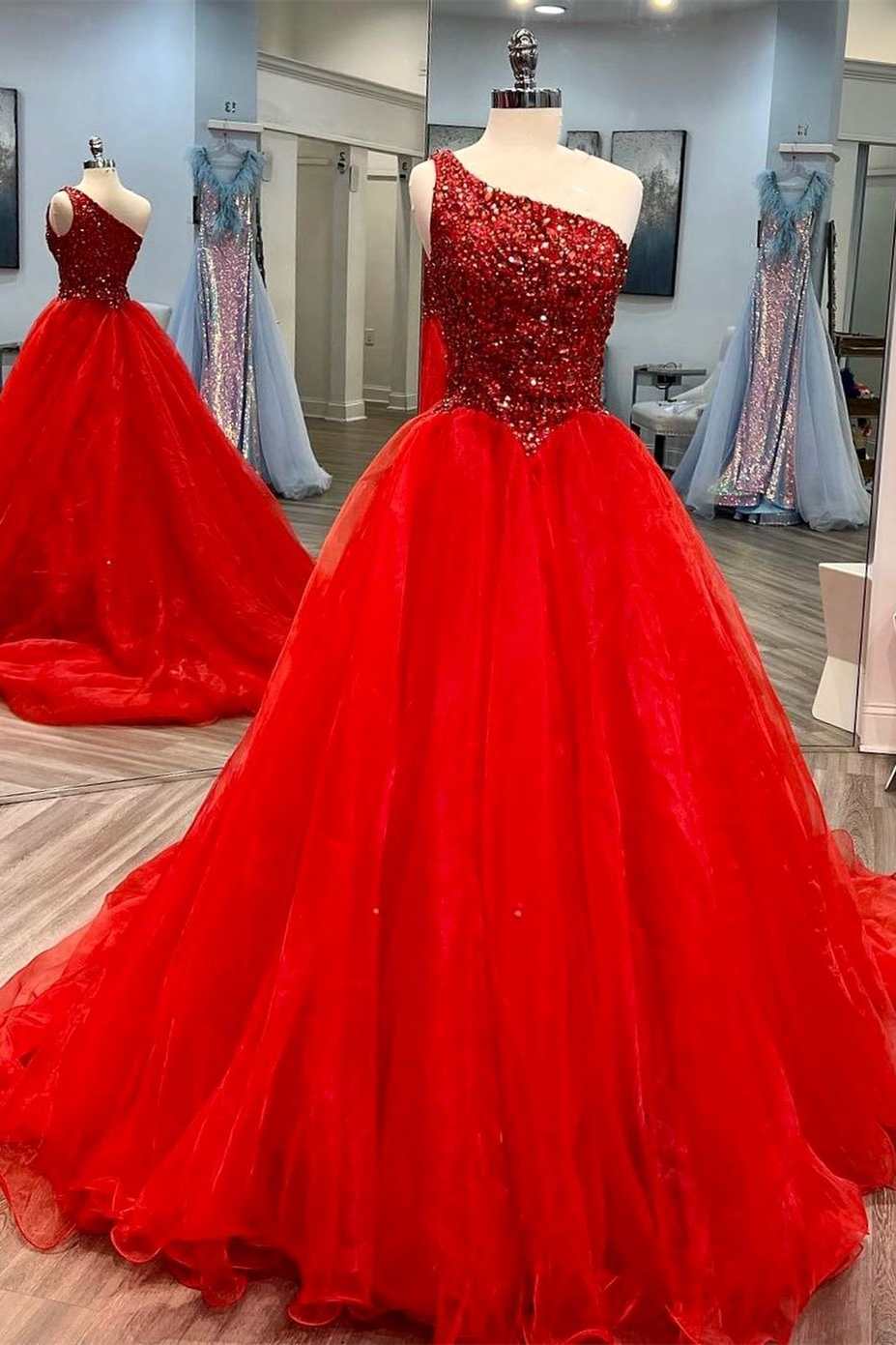 A-Line Sequin Blue Beaded One-Shoulder Long Tulle Prom Dress