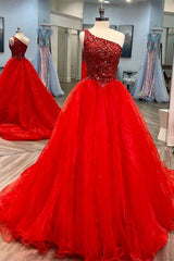 A-Line Sequin Blue Beaded One-Shoulder Long Tulle Prom Dress