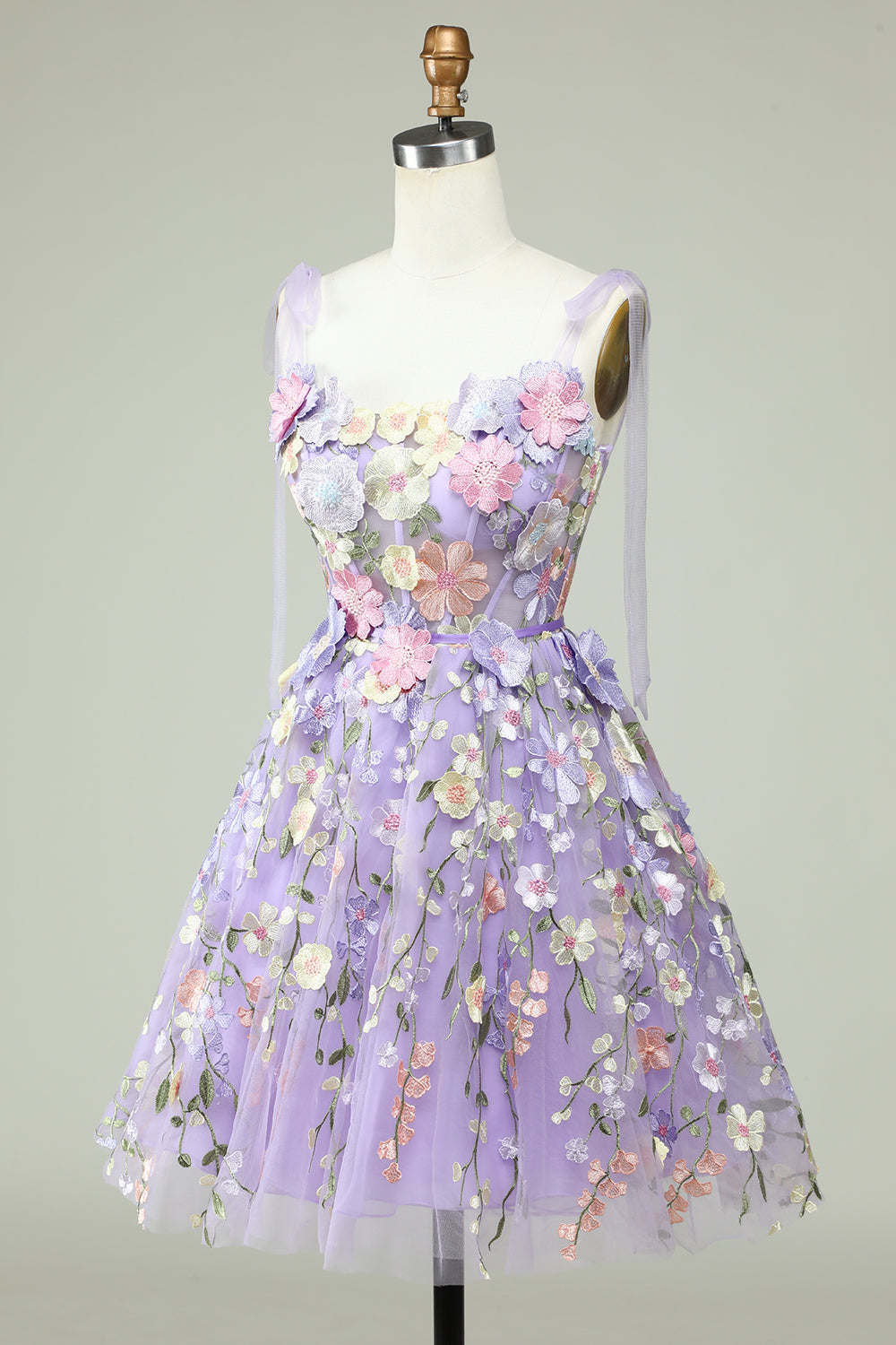 Lavender Tulle Bow Tie A-Line 3D Flowers Homecoming Dresses