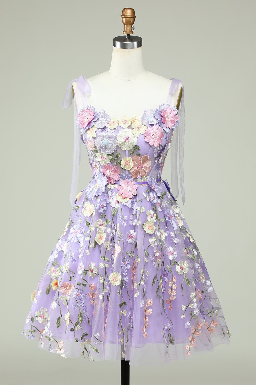 Lavender Tulle Bow Tie A-Line 3D Flowers Homecoming Dresses