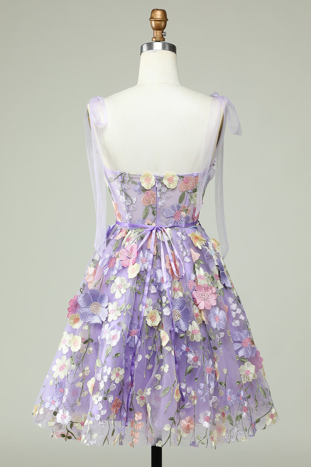 Lavender Tulle Bow Tie A-Line 3D Flowers Homecoming Dresses