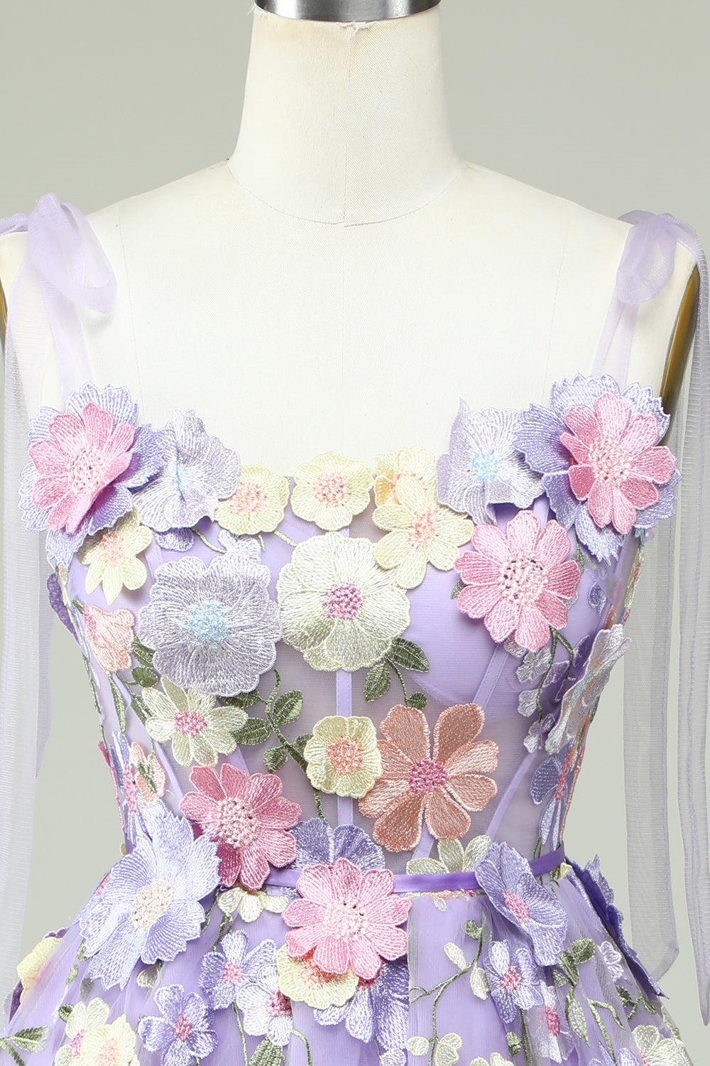 Lavender Tulle Bow Tie A-Line 3D Flowers Homecoming Dresses