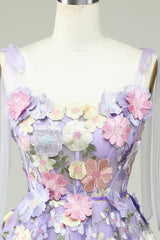 Lavender Tulle Bow Tie A-Line 3D Flowers Homecoming Dresses