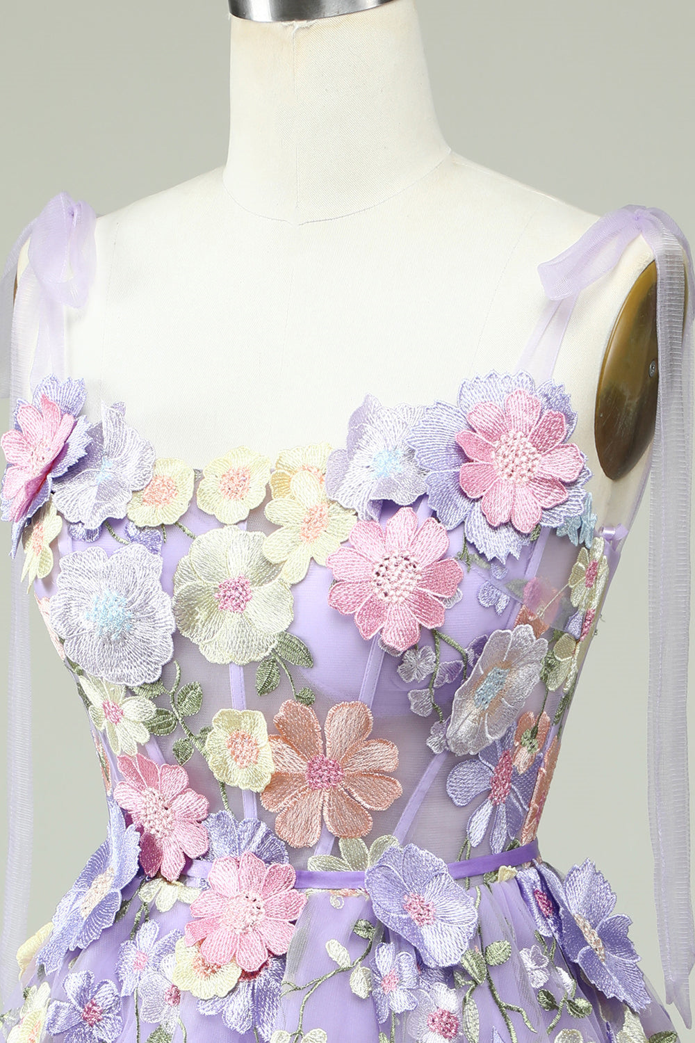 Lavender Tulle Bow Tie A-Line 3D Flowers Homecoming Dresses
