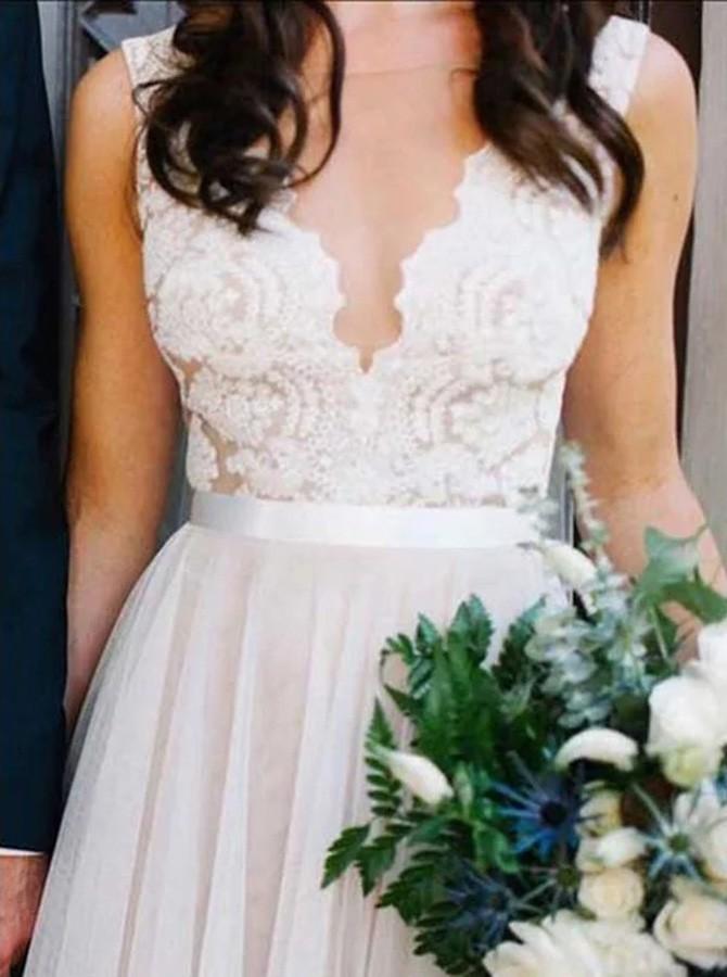A-Line Sheer Round Neck Illusion Back Tulle Beach Wedding Dress