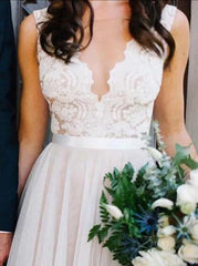 A-Line Sheer Round Neck Illusion Back Tulle Beach Wedding Dress