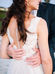 A-Line Sheer Round Neck Illusion Back Tulle Beach Wedding Dress
