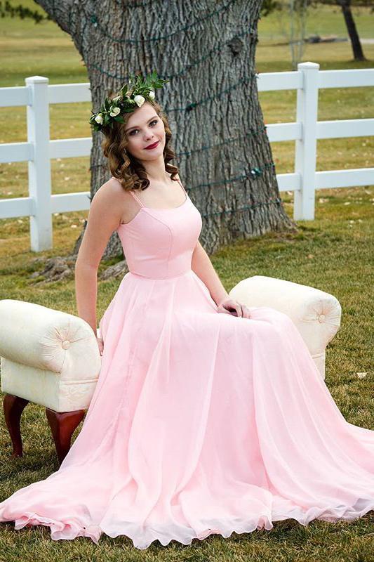 Pink Chiffon A-Line Scoop Long Evening Prom Dresses