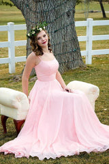 Pink Chiffon A-Line Scoop Long Evening Prom Dresses